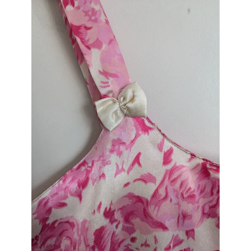 Strappy Silky Satin Slip Nightgown Dress M L Pink Rose Floral Bows L 90s Y2K
